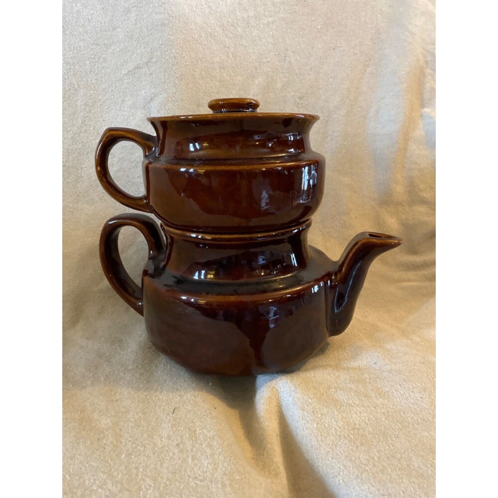 USA Stoneware Brown Double Dripolator Teapot/Coffee Pot with Lid USA STONEWARE